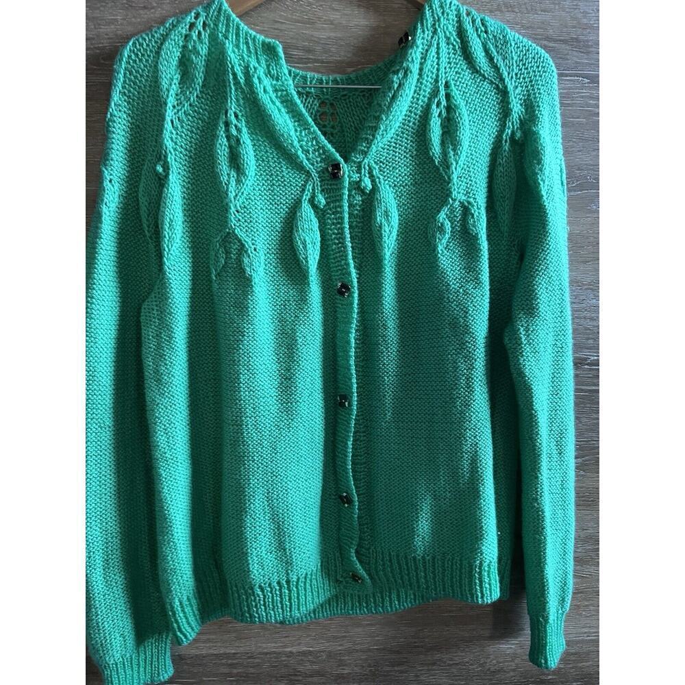 Vintage Handmade Knit Sweater Green Jewels Button 80’s Women Cardigan Retro
